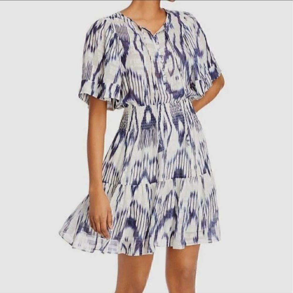 REBECCA TAYLOR 100% Silk White Blue Printed Short Sleeve Ikat Smock Dress Size 4
